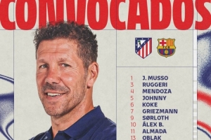 马竞对阵巴萨次回合名单：小蜘蛛在列，奥布拉克、卡尔多索回归