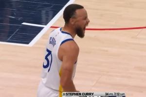 燃尽了！追梦拖着伤腿给库里做掩护 库里大撤步三分轰进反超！